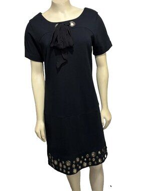Kensie Prertty M Black Short-Sleeve Knee-Length Dress Metal Grommets Hem FLAWS